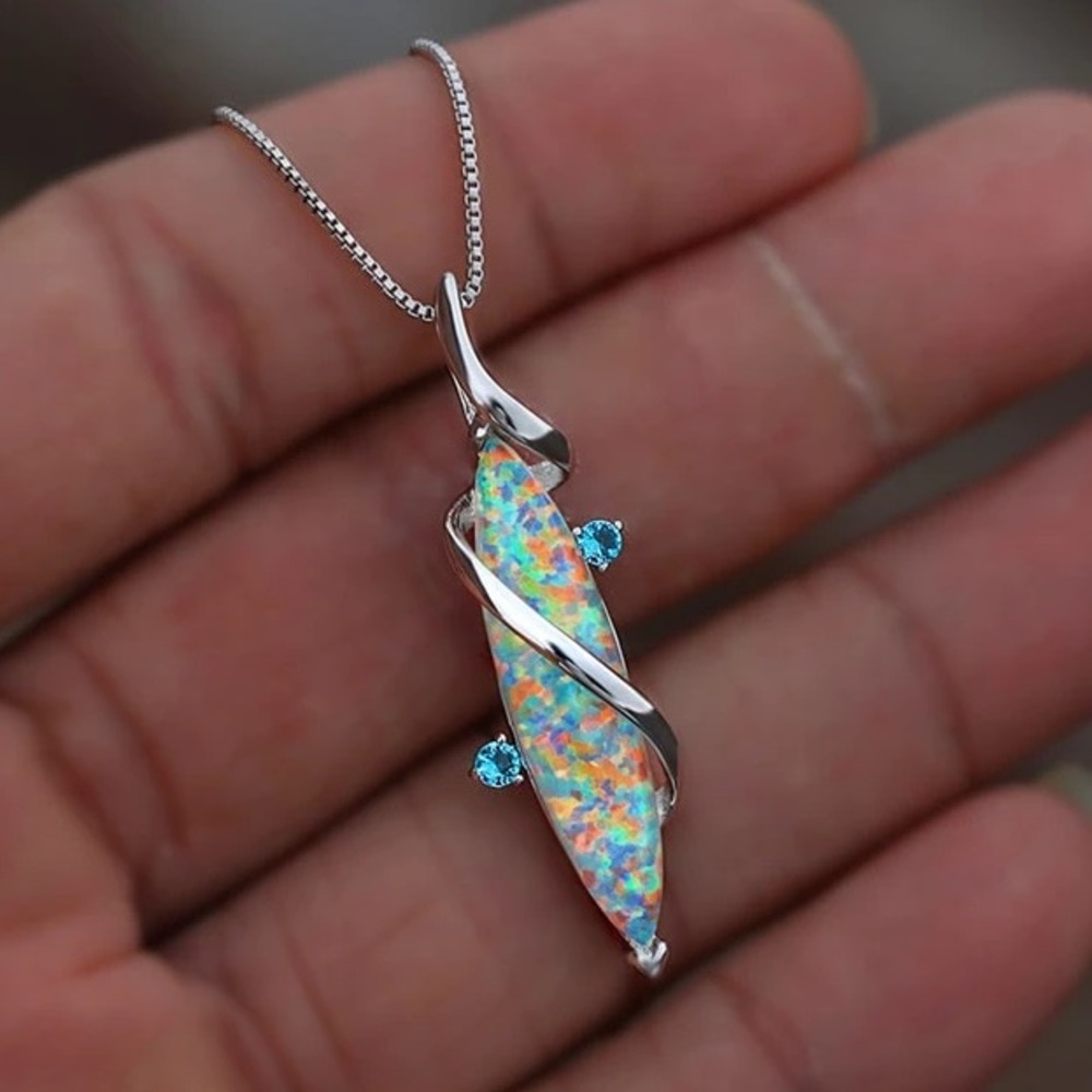 Fire Opal 925 Silver Plated Simulated Opal Pendant Necklace New - Picture 1 of 4